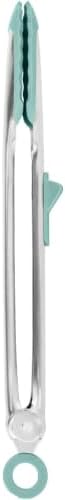 Tovolo Tongs With Silicone Tips Easy Grip 13” Long Kitchen Tongs Stainless Steel Handle For Cooking, Non Scratch Heat Resistant Metal Silicone Tipped Dishwasher Safe BPA Free Aqua Seafoam Green