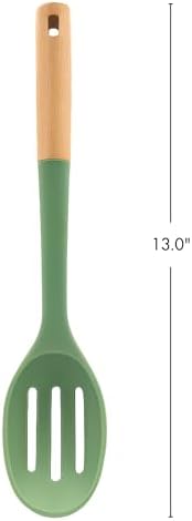 Beille 1pc Slotted Cooking Spoon Beech Wood and Silicone Kitchen Utensils Meal Prep Baking Supplies Home Essentials, Olive Green