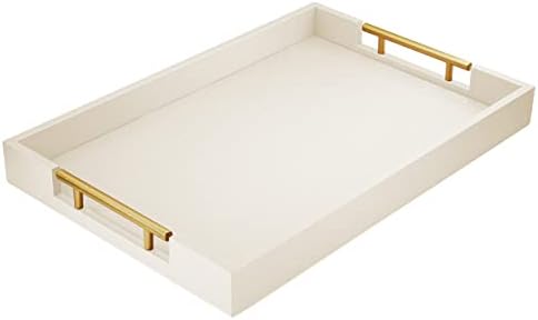 ATZYmolin 17"x12" Leather Serving Tray, Gold Handle Vanity Platter, Beige