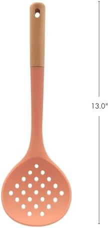 Beille 1pc Skimmer Spoon Beech Wood and Silicone Kitchen Utensils Meal Prep Cooking Baking Supplies Home Essentials, Coral