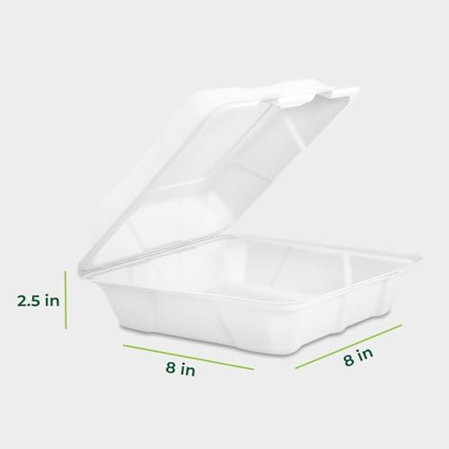Freshware Compostable Clamshell Food Containers - 8x8" 50-Pack, Biodegradable Sugarcane To Go Boxes, Heavy Duty Paper Container - Microwave & Freezer Safe, Stackable