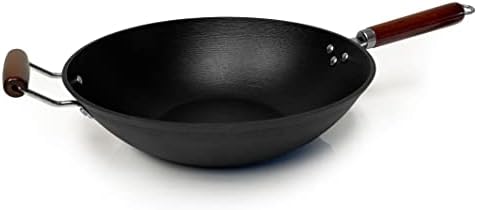 21st & Main Light weight Cast Iron Wok, Stir Fry Pan, Wooden Handle, 14 Inch, chef’s pan, pre-seasoned nonstick, commercial and household, for Chinese Japanese and others Cooking