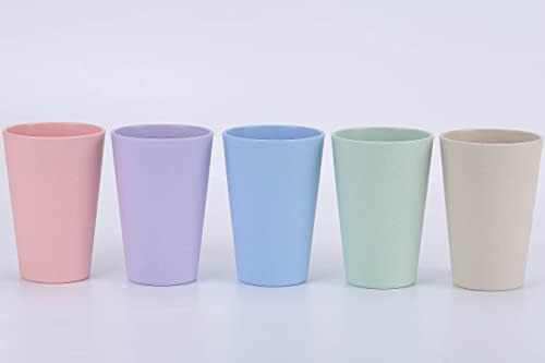 Wheat Straw Unbreakable Cup | 16 oz Reusable Water Drinking Glasses Sets of 5 | Lightweight Tumbler for Kitchen Outdoor | Dishwasher Safe, BPA Free and Eco friendly (16 oz, 5 Color_A)