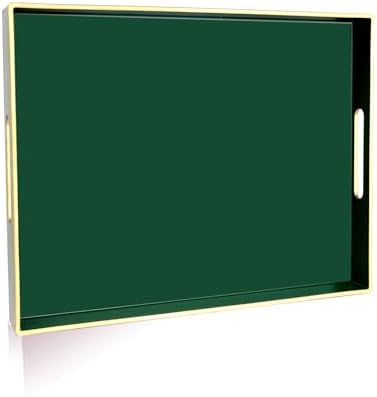Gifturbo Large Serving Tray with Handles，Green Rectangular Plastic Elegant Decorative Coffee Table Trays for Ottoman, Living Room, Bathroom, Home Decor, Vanity Tray with Gold Trimming, 15.7” x 11.8”