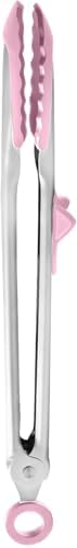 Tovolo Tongs With Silicone Tips Easy Grip 13" Long Kitchen Tongs Stainless Steel Handle For Cooking, Non Scratch Heat Resistant Locking Tongs Silicone Tipped Dishwasher Safe BPA Free, Pink Sorbet