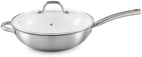 IMUSA 12 Inch 2 Ply Aluminum Ceramic Wok with Glass Lid, Gray