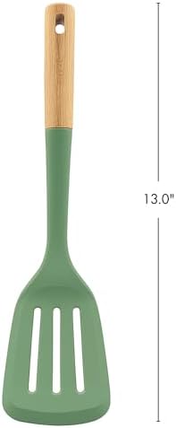 Beille 1pc Slotted Spatula Beech Wood and Silicone Kitchen Utensils Meal Prep Cooking Baking Supplies Home Essentials, Olive Green
