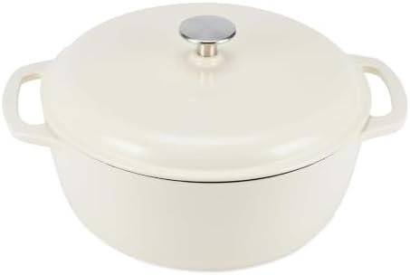 Amazon Basics Enameled Cast Iron Dutch Oven Pot with Lid, Round, Dual Handles, Heavy-Duty, Oven Safe for Stews, Roasting, Baking, 7.3-Quart, White