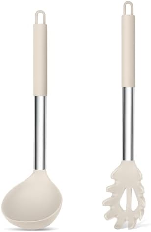 TeamFar Silicone Pasta Fork and Ladle, Nonstick Kitchen Utensils, Khaki