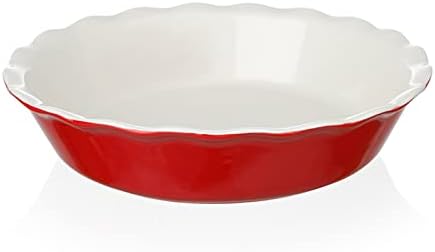 Sweejar Ceramic Pie Pan - 10 Inch Round Baking Dish for Dinner, Non-Stick with Soft Wave Edge for Apple, Pumpkin, Pot Pies (Red)