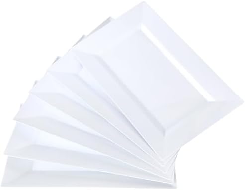 Mwellewm 12 Pcs White Plastic Serving Trays, 14''x9'' Rectangle Dessert Trays for Dessert Table, Party Food Display Set Disposable Platters Cookie Cupcake Gold Serving Tray for Birthday Party Wedding