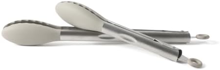 Calphalon Edge Tongs Set, 2-Piece Stainless Steel Kitchen Tongs Set with Silicone Heads, Includes 9-Inch & 12-Inch Heat-Resistant Locking Tongs for Cooking, Grilling & Serving, Taupe