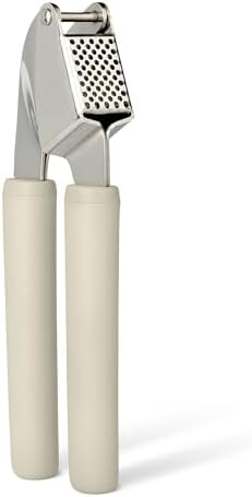 Amazon Basics Garlic Press, Stainless Steel Garlic Mincer & Crusher with Soft-Grip Handle, Dishwasher-Safe, Linen Gray