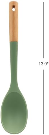 Beille 1pc Solid Cooking Spoon Beech Wood and Silicone Kitchen Utensils Meal Prep Baking Supplies Home Essentials, Olive Green