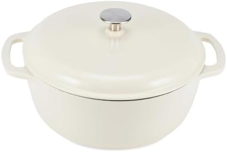 Amazon Basics Enameled Cast Iron Dutch Oven Pot with Lid, Round, Dual Handles, Heavy-Duty, Oven Safe for Stews, Roasting, Baking, 6-Quart, White