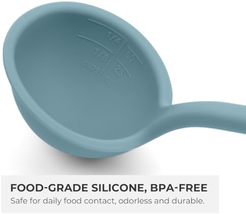 Elihome Classic 10.5 inch Silicone Soup Ladle Cooking Spoon: 600ºF Heat Resistant 2 oz Non-stick Seamless Deep Serving Spoon with Non Slip Long Handle for Cooking Sauce Stews Gravy - Teal Grey
