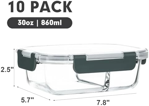 M MCIRCO 10 Pack,30 oz, 2 Compartments Glass Meal Prep Containers with Lids