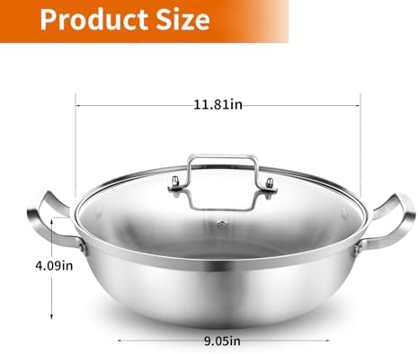 Delarlo Tri-Ply Stainless Steel Hot Pot 13 inch Everyday pan With lid,5QT
