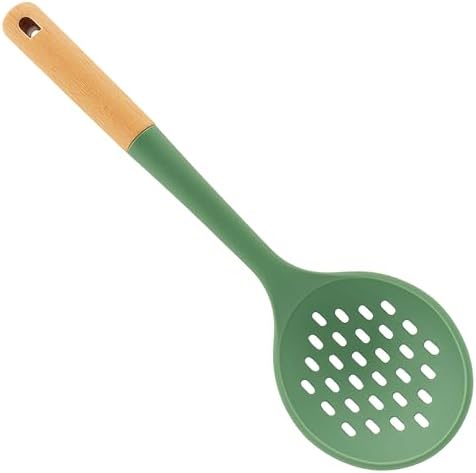 Beille 1pc Skimmer Spoon Beech Wood and Silicone Kitchen Utensils Meal Prep Cooking Baking Supplies Home Essentials, Olive Green