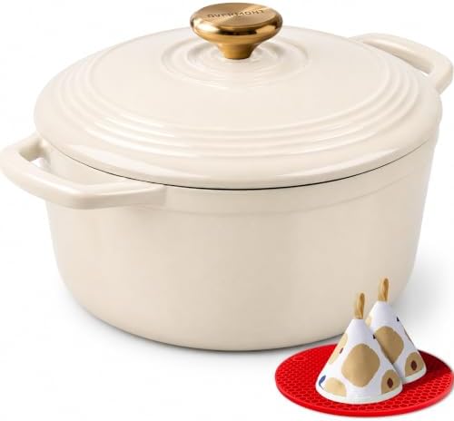 Overmont Enameled Cast Iron Dutch Oven - 5.5QT Pot with Lid Cookbook & Cotton Potholders - Heavy-Duty Cookware for Braising, Stews, Roasting, Sourdough Baking White