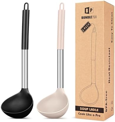 BUNDLEPRO Silicone Soup Ladle Spoon Kitchen Utensils, 2 Pack, Black-Khaki