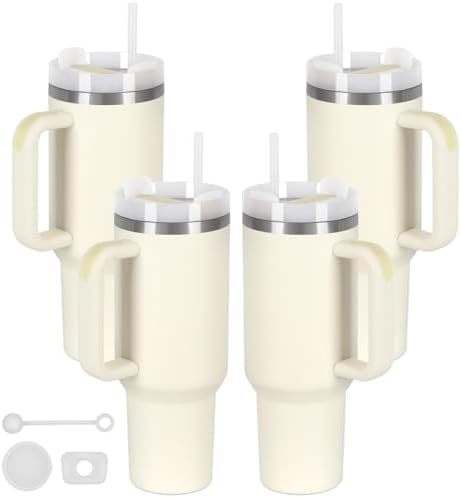 4 Pack 40 Oz Tumbler with Handle Bulk, Double Wall Vacuum Insulated Stainless Steel Tumbler with Lid and Straw, 40 oz cup with Silicone Spill Proof Stopper Set (Cream)