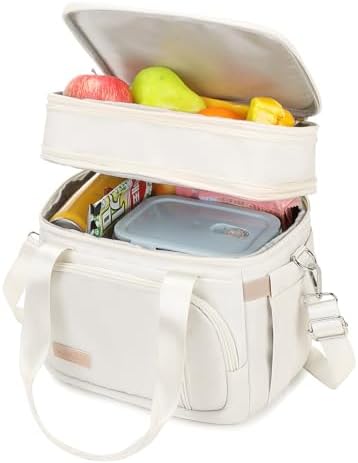MAPLELILY Lunch Box for Men Women - Double Deck Insulated Lunch Bag, Large Leak Proof Tote Cooler, Wide Open Dual Compartment Lunch Bags with Shoulder Strap, For Work Picnic Hiking Beach, Beige