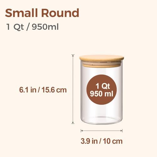ComSaf Glass Storage Containers with Lids 1 Qt, Set of 6 Food Storage Jars