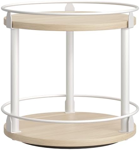 YATINEY Lazy Susan Organizer, Rotating Spice Rack, 2 Tier Spice Turntable Organizer, Industrial Turntable Spice Holder, for Kitchen Countertop, Compact and Versatile, White and Light Oak SR22WG