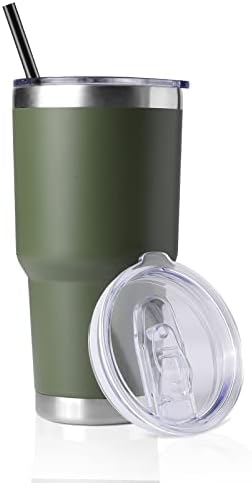 DOMICARE 30 oz Tumbler with Lid and Straw, Stainless Steel Tumblers Bulk, Insulated Vacuum Double Wall Travel Coffee Mug, Durable Powder Coated Tumbler Cup (Army Green, 1)