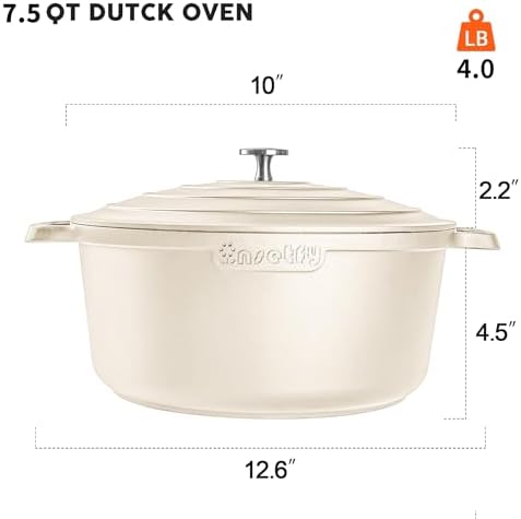 Large Dutch Oven Pot with Lid-7.5QT Cast Aluminum Oven Pot with Two Handles Lightweight for Bread Baking Braising and Roasting(Beige)
