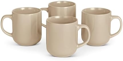 Amazon Basics Stoneware Coffee Mugs, 16 oz, 4-Piece Set, Gloss-Glazed, Stain-Resistant, Microwave, Freezer and Dishwasher-Safe, Linen Gray
