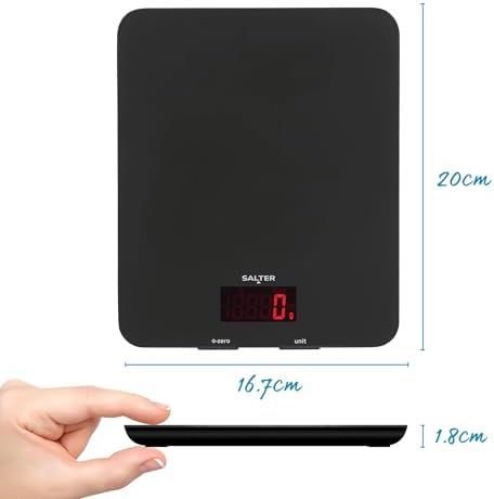 Salter 1150 BKDR Digital Kitchen Scales, Stylish Glass Design, Cooking Scale for Home/Kitchen, Measures Liquids & Fluids, Metric/Imperial, Add & Weigh Function, Red Easy Read Display, Black
