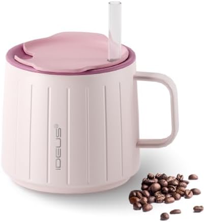 Ideus 14 oz Insulated Coffee Mug with Lid and Straw (Light Pink, FUJI NOVA)