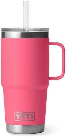 YETI Rambler 25 oz Tumbler with Handle and Straw Lid, Travel Mug Water Tumbler, Vacuum Insulated Cup with Handle, Stainless Steel, Tropical Pink