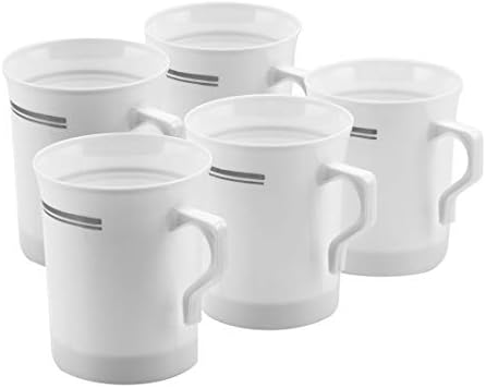 BloominGoods 50 Heavyweight Disposable White Plastic 8 oz. Coffee Mugs with Silver Trim | Tea, Cappuccino, Espresso Cups with Handles (50-Pack)