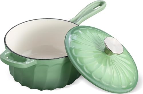 1 Quart Saucepan with Lid, Enameled Cast Iron Sauce Pan, Heavy Duty Small Pots for Cooking Pasta Sauce, Soup, Milk, Oven Safe up to 500°F (Fig Green)