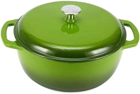 Amazon Basics Enameled Cast Iron Dutch Oven Pot with Lid, Round, Dual Handles, Heavy-Duty, Oven Safe for Stews, Roasting, Baking, 6-Quart, Green