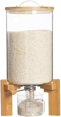 HBlife 14-16 Lbs Glass Rice Dispenser with Wooden Stand Flour and Cereal Container with Glass Measuring Cup Pantry Food Organization Storage Bin with Airtight Bamboo Lid, 8L