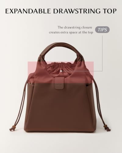 EACHY Drawstring Lunch Bag for Women Insulated Cute Bucket Lunch Box Tote Reusable Work Lunch Pail with 2 Side Pockets Thermal Cooler Handbag for Office Commute Gym（Brown）