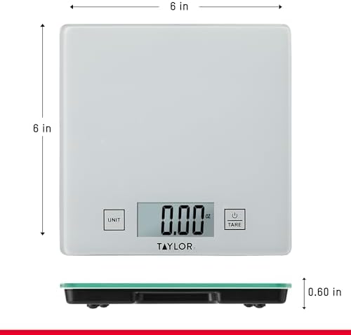 Taylor Compact Glass Kitchen Food Scale, 11 lb Capacity Digital Scale for Baking, Cooking, Meal Prep, Portion Control, Thin Lightweight Design, Easy-to-Read Display, White