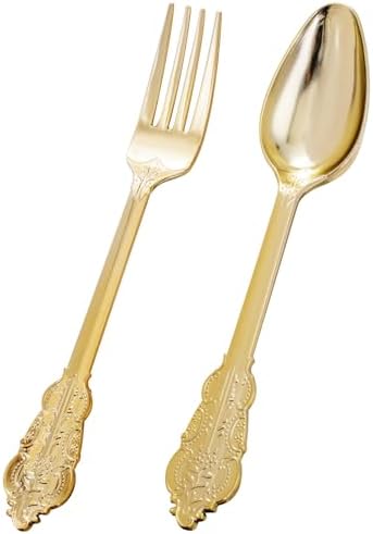 BUCLA 200 Piece Gold Plastic Silverware - Baroque Style Gold Plastic Forks and Spoons - 100 Forks and 100 Spoons for Weddings, Parties & Thanksgiving