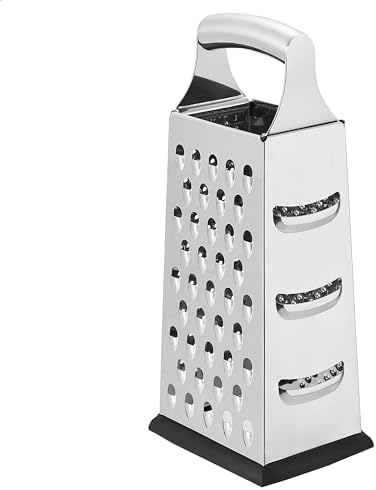 Amazon Basics Rectangular 4-Sided Box Cheese Grater and Shredder, Stainless Steel, Handheld, for Vegetables, Zester, Non-Slip Base, Dishwasher-Safe, 9 inch, Black