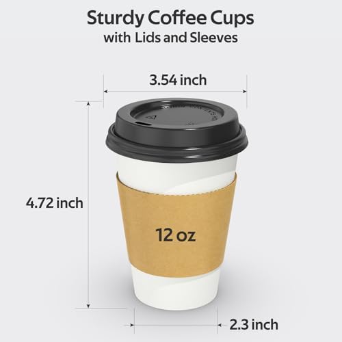 Dealusy 100 Pack 12 oz Disposable Coffee Cups with Sip Lids and Sleeves