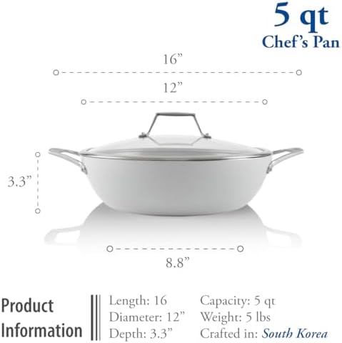 TECHEF - CeraTerra, 5 Qt / 12-in Ceramic Nonstick All Purpose Chef Pan with Cover, (PTFE and PFOA Free Ceramic Exterior & Interior), Oven & Dishwasher Safe, Made in Korea, Grey/Silver (5 Qt Chef Pan)