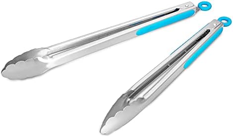 304 Stainless Steel Kitchen Cooking Tongs, 12 & 14 Inch, Set of 2, Blue