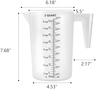 Plastic Measuring Cup with Handle, Pool Chemical Measuring Cup, Measuring Pitcher with Laser-Etched Markings for Liquid Mixing, Pouring, Lawn Care, Motor Oil, Lab Use (64 oz, 2000ml)