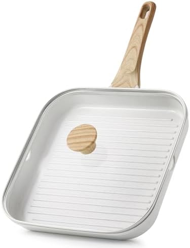 SENSARTE Nonstick Ceramic Grill Pan with Lid, Grill Pan for Stove Tops, Square Grilling Pan with Pour Spouts, Durable Grill Skillet for All Stoves, Steak Bacon Pan, Non Toxic PTFE,PFAS,PFOA Free