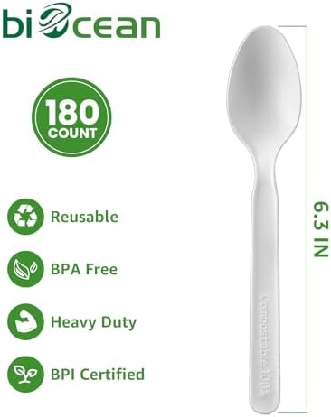 100% Compostable Spoons 180 Count Disposable Spoons Utensils Set Heavy Duty Spoons Silverware Eco Friendly Flatware for Party Camping Picnics Wedding-Ivory White