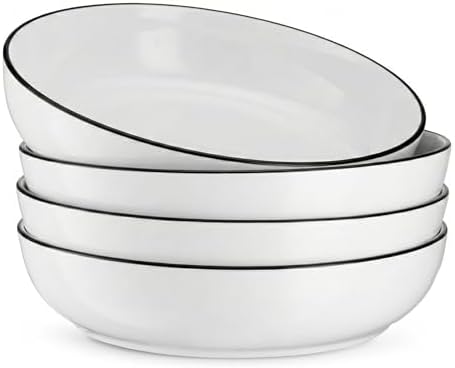 KooK Pasta Bowls, For Soups & Salads, Set of 4, 40 oz, Black Rim, French